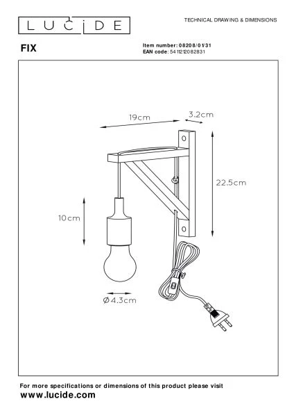 Lucide FIX - Wall light - 1xE27 - White - technical